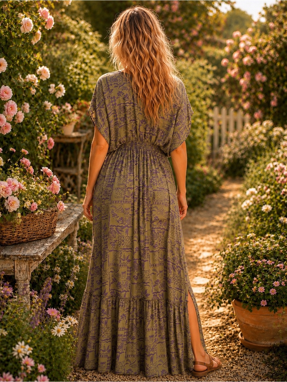 Easel Olive Green & Purple Printed Boho Maxi Dress NWT - Picture 2 of 6